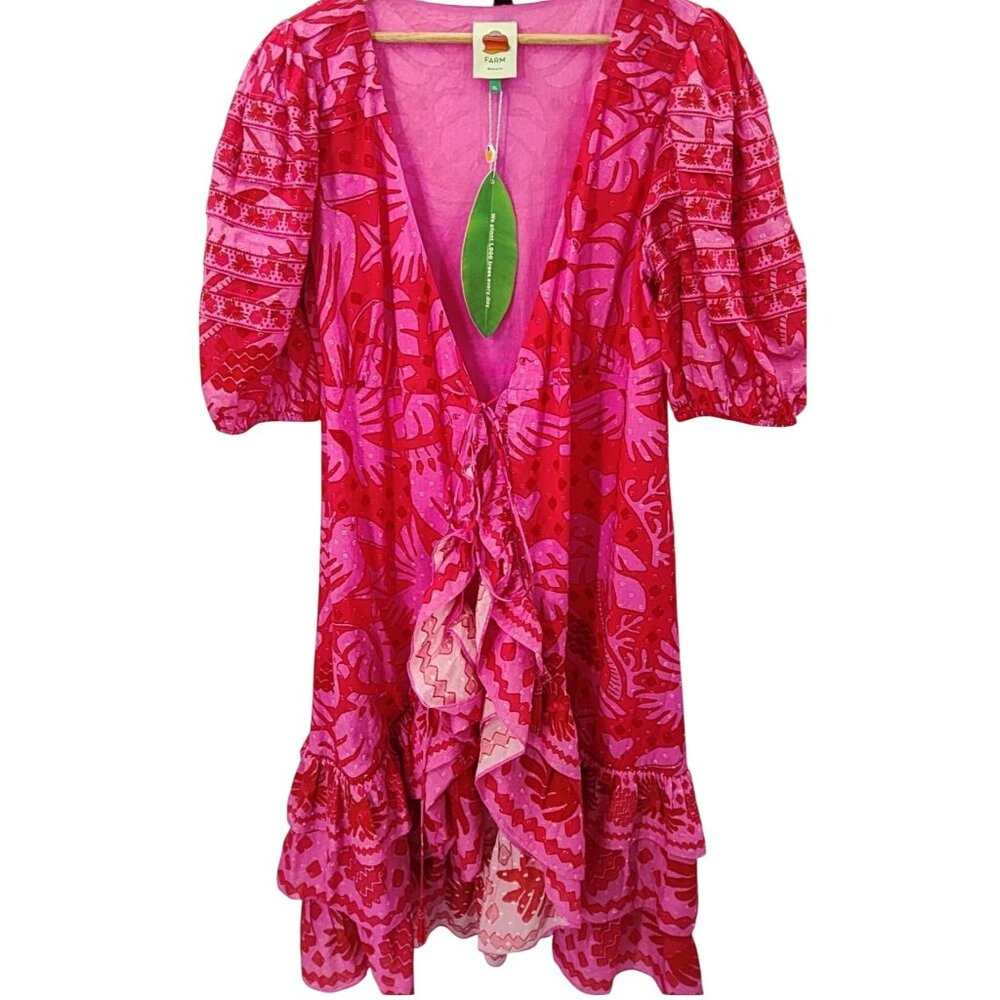 Farm Rio Jungle Scarf Wrap Midi Dress Pink Red Size XL New With Tags - Picture 9 of 11